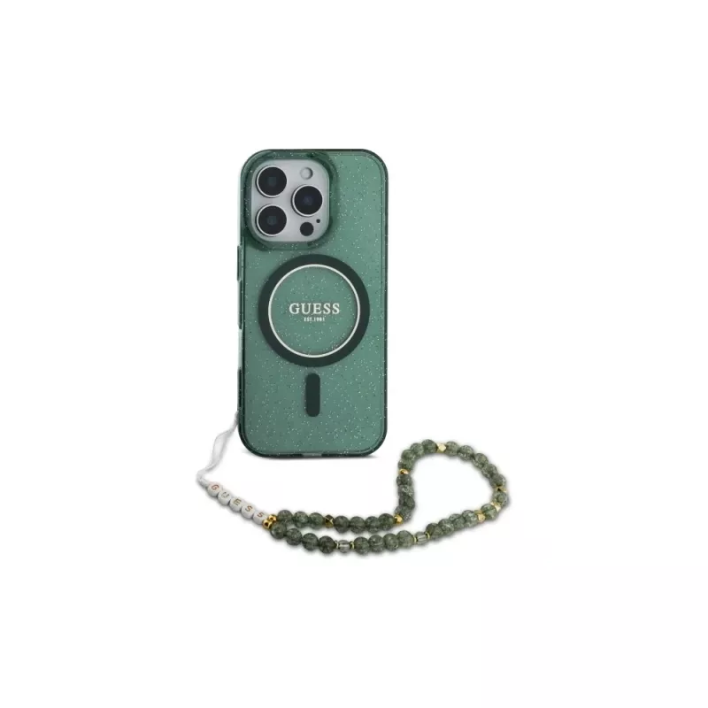 Guess Capa MagSafe IML Glitter com fio de pérolas para iPhone 16 Pro Max (verde)