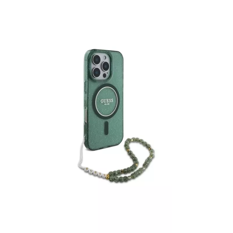 Guess Capa MagSafe IML Glitter com fio de pérolas para iPhone 16 Pro Max (verde)