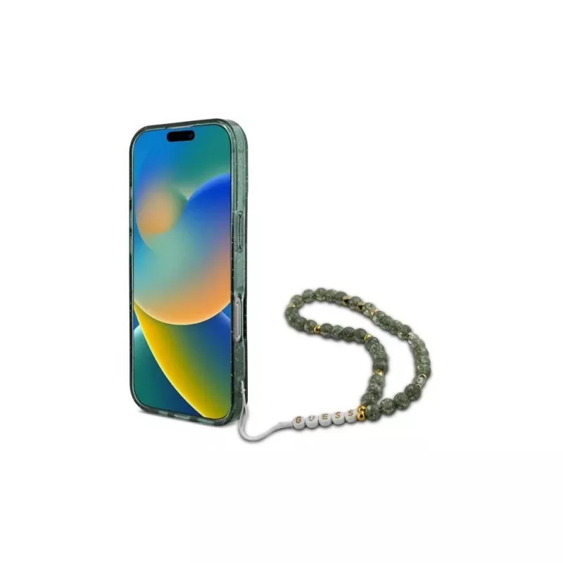 Guess Capa MagSafe IML Glitter com fio de pérolas para iPhone 16 Pro Max (verde)