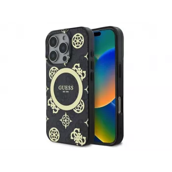 Guess GUHMP16LH4PYEEK Capa rígida IML Peony On 4G Background MagSafe preta para Apple iPhone 16 Pro 6,3