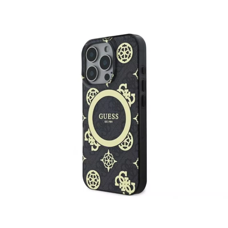 Guess GUHMP16LH4PYEEK Capa rígida IML Peony On 4G Background MagSafe preta para Apple iPhone 16 Pro 6,3