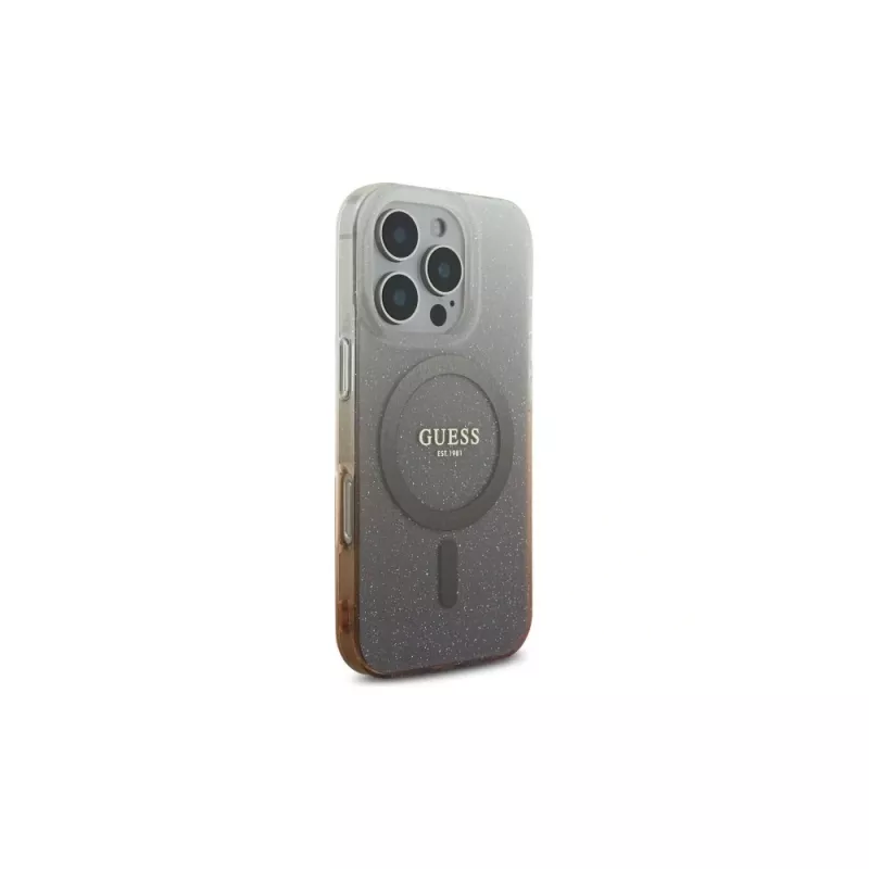 Guess Capa MagSafe IML Glitter Gradient para Apple iPhone 16 Pro (castanha)