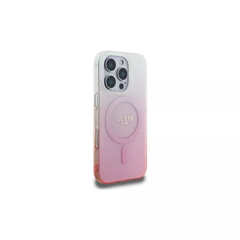 Guess Capa MagSafe IML Glitter Gradient para iPhone 16 Pro (rosa)
