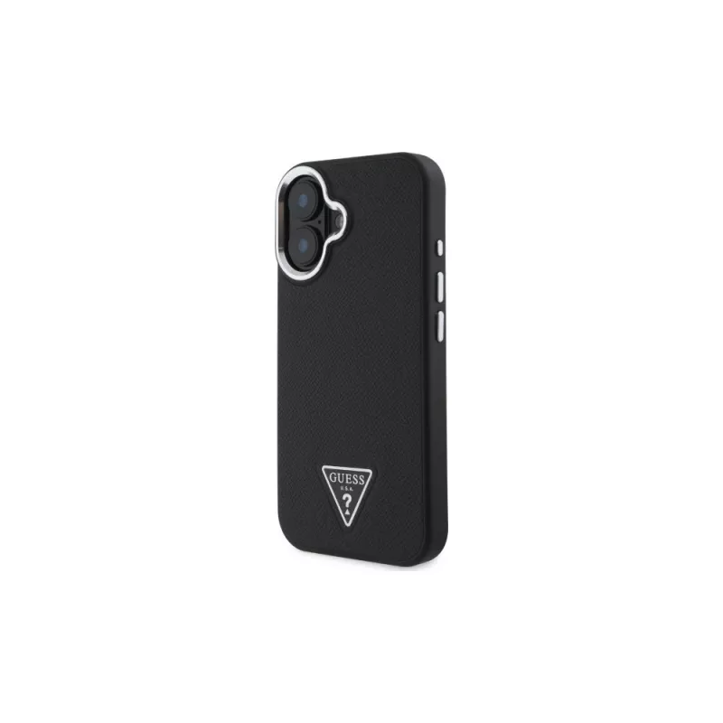 Guess GUHMP16SPGTSPSK Capa rígida para iPhone 16 preta Grained Triangle MagSafe