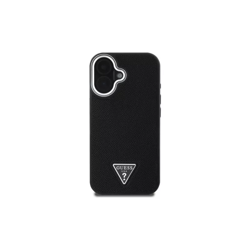 Guess GUHMP16SPGTSPSK Capa rígida para iPhone 16 preta Grained Triangle MagSafe