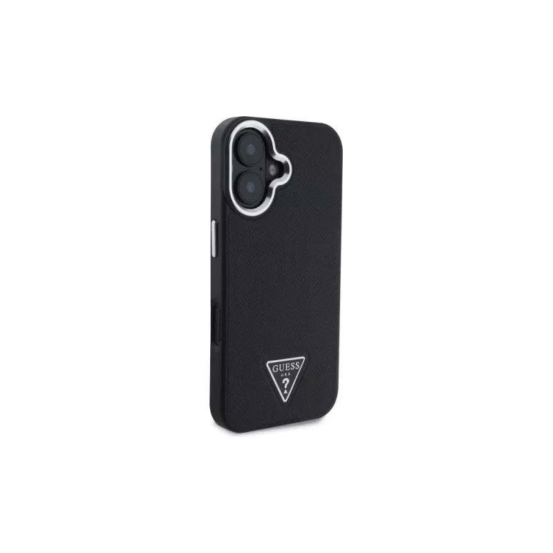Guess GUHMP16SPGTSPSK Capa rígida para iPhone 16 preta Grained Triangle MagSafe