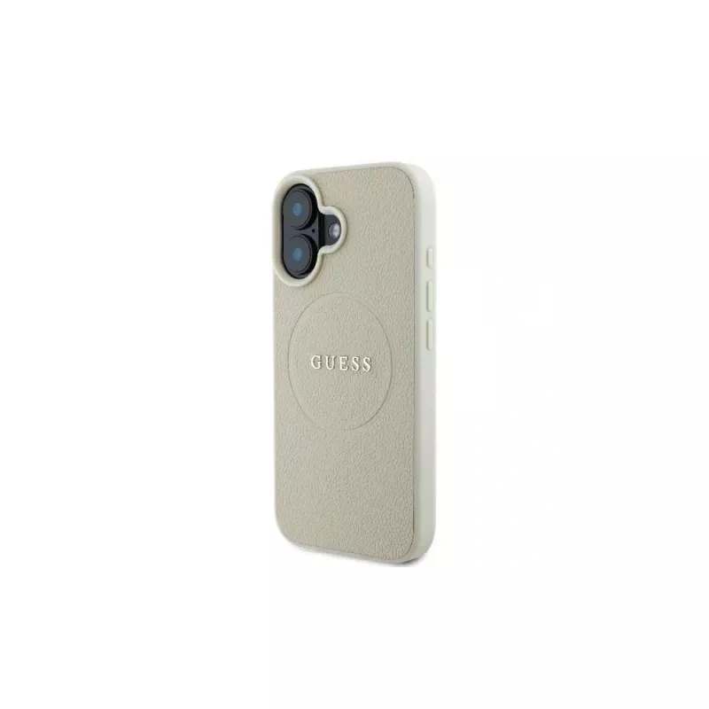 Guess GUHMP16SPGHSMME Capa rígida para iPhone 16 bege Grained Ring MagSafe