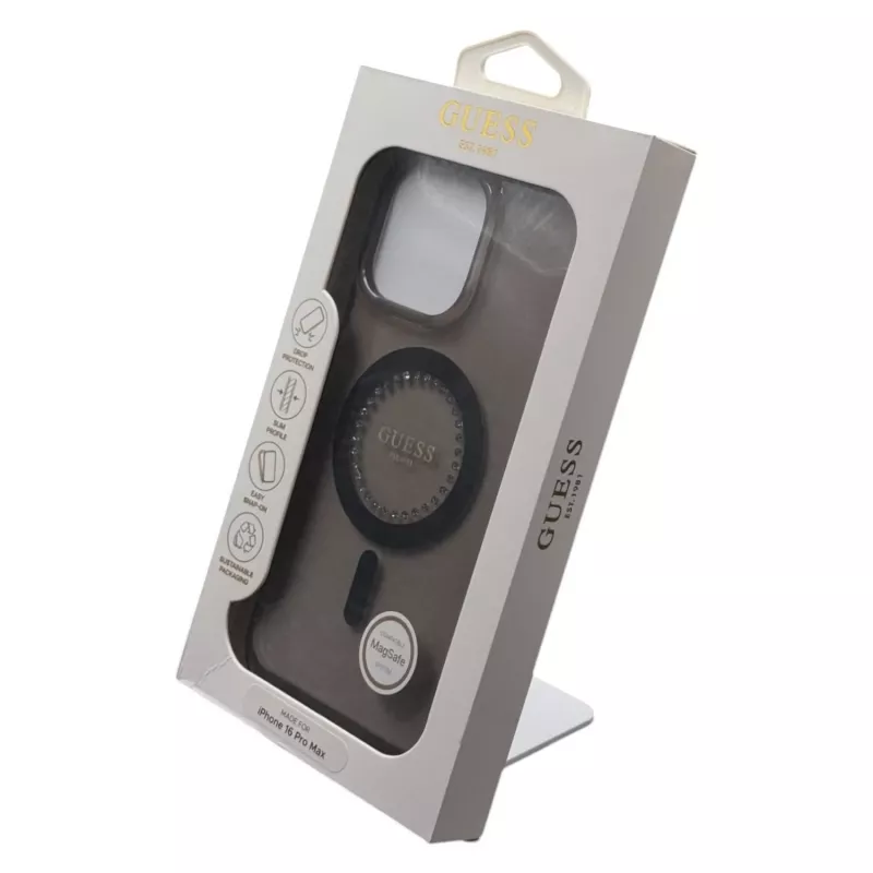 Guess Capa MagSafe IML Rhinestones para iPhone 16 Pro Max (preta)