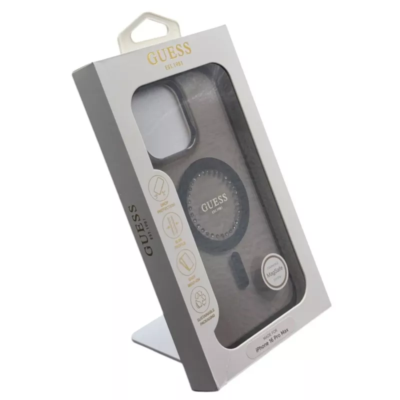 Guess Capa MagSafe IML Rhinestones para iPhone 16 Pro Max (preta)