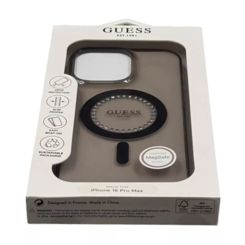 Guess Capa MagSafe IML Rhinestones para iPhone 16 Pro Max (preta)