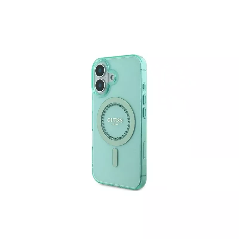 Guess Capa MagSafe IML Rhinestones para iPhone 16 Plus (verde)