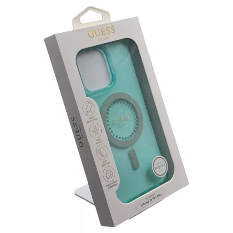 Guess Capa MagSafe IML Rhinestones para iPhone 16 Pro Max (verde)