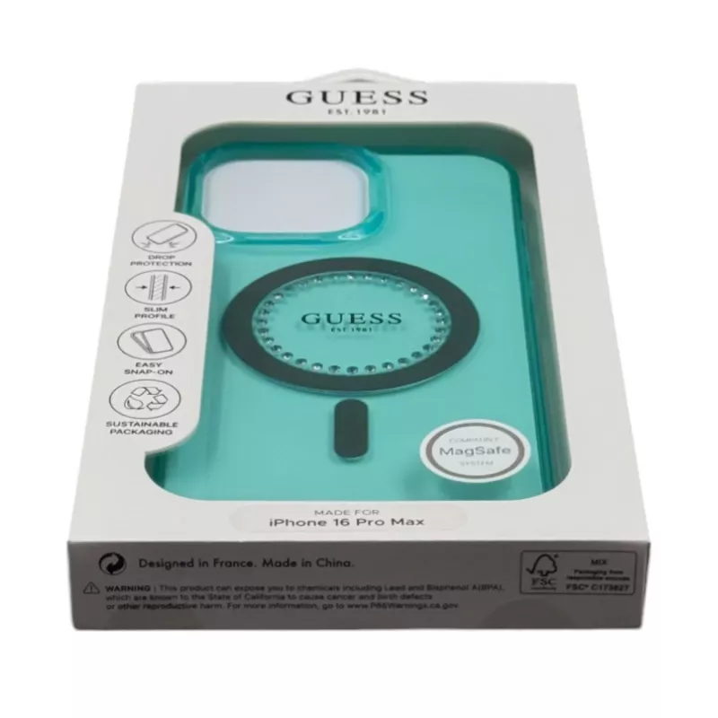 Guess Capa MagSafe IML Rhinestones para iPhone 16 Pro Max (verde)