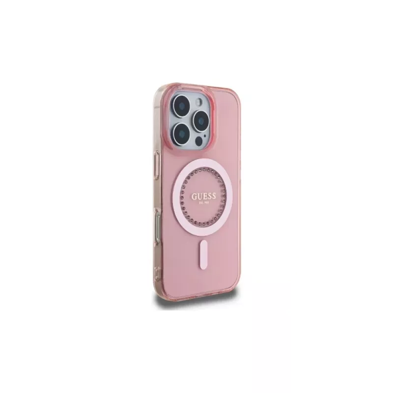 Guess GUHMP16LPFTDTEP Capa rígida IML Rhinestones MagSafe para iPhone 16 Pro 6,3