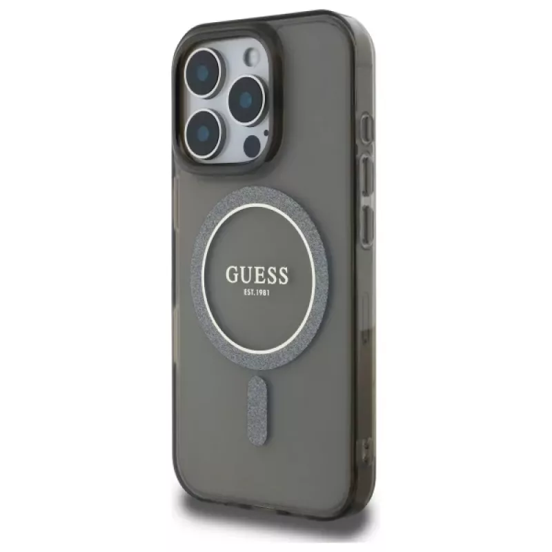 Guess GUHMP16LHFGEREK Capa rígida IML Glitter Circle MagSafe para iPhone 16 Pro 6,3