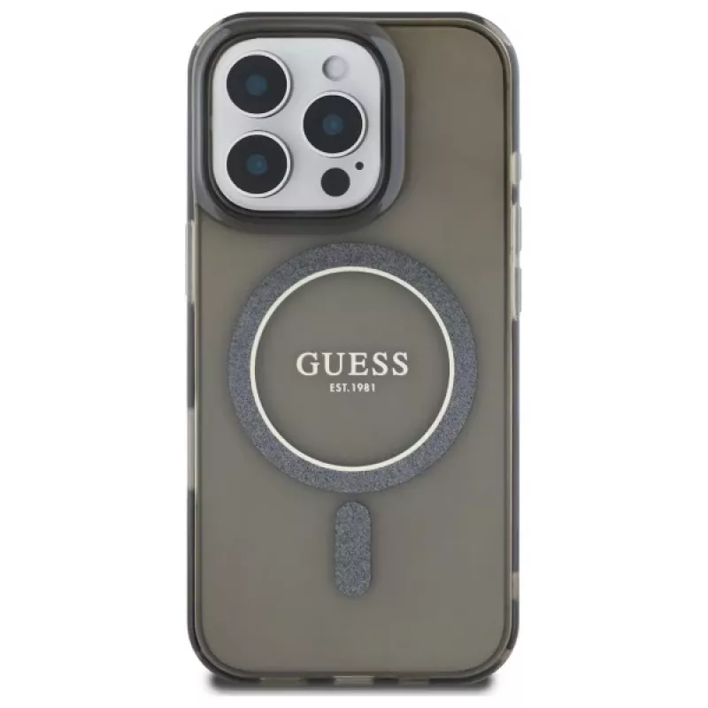Guess GUHMP16XHFGEREK Capa rígida IML Glitter Circle MagSafe para iPhone 16 Pro Max 6,9 inch preta