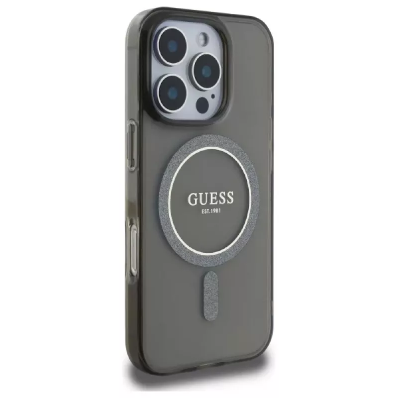 Guess GUHMP16XHFGEREK Capa rígida IML Glitter Circle MagSafe para iPhone 16 Pro Max 6,9 inch preta