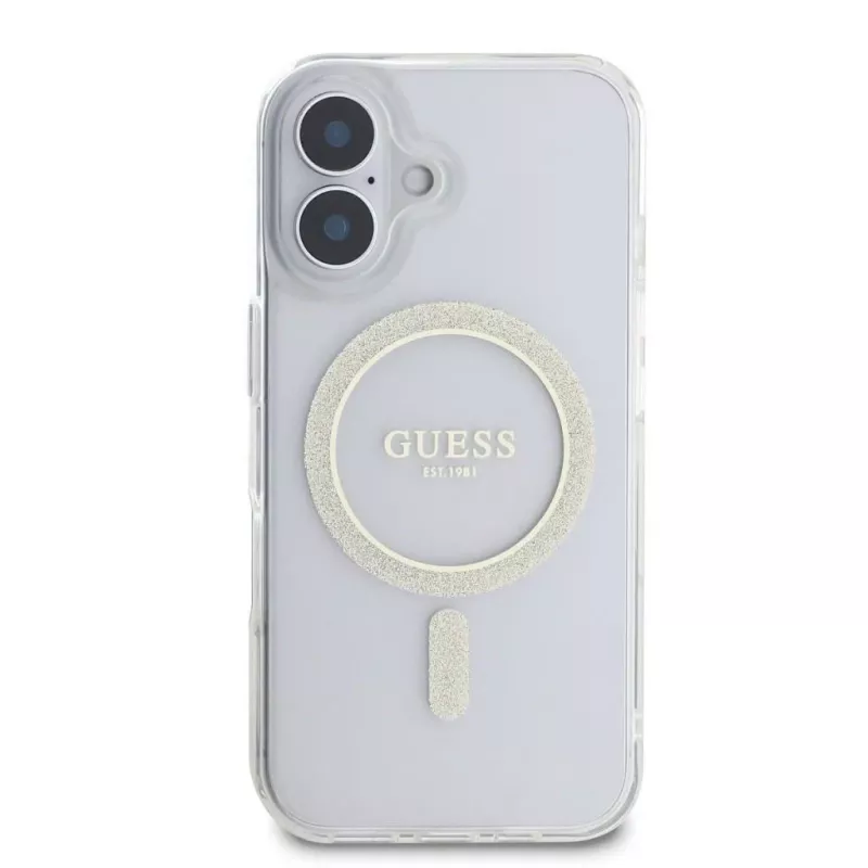 Guess GUHMP16SHFGERET Capa rígida para iPhone 16 transparente IML Glitter Circle MagSafe