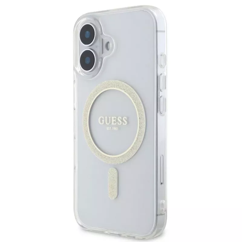 Guess GUHMP16SHFGERET Capa rígida para iPhone 16 transparente IML Glitter Circle MagSafe