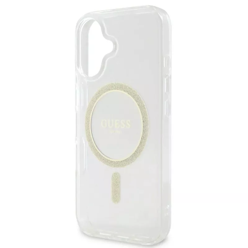 Guess GUHMP16SHFGERET Capa rígida para iPhone 16 transparente IML Glitter Circle MagSafe