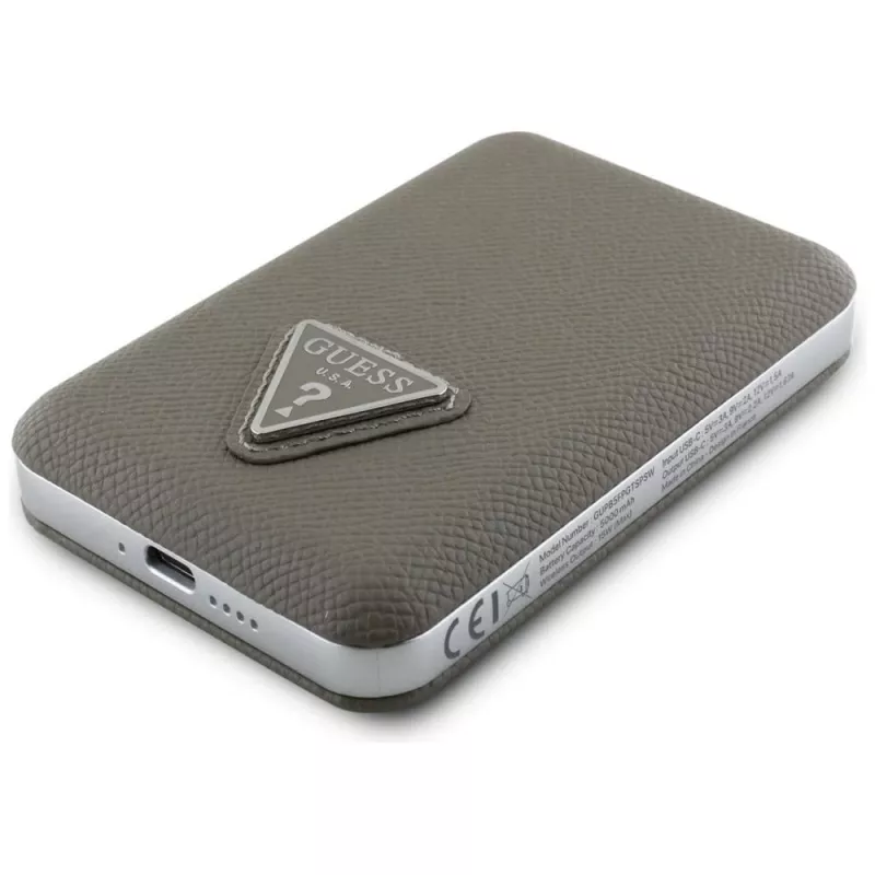 GUESS Power bank sem fios Grained Triangle 5000mAh 15W USB-C MagSafe castanho