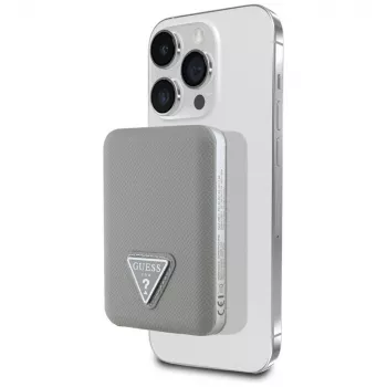 GUESS Power bank sem fios Grained Triangle 5000mAh 15W USB-C MagSafe bege