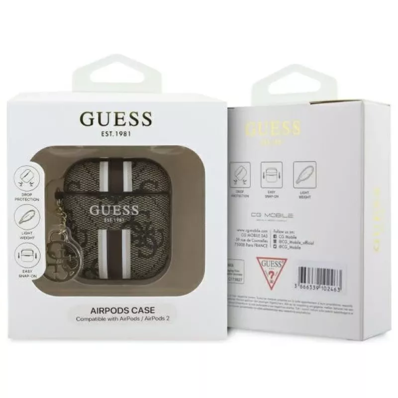 Guess GUA2P4RPSW Capa AirPods 1/2 castanha 4G Gedruckte Streifen Anhänger
