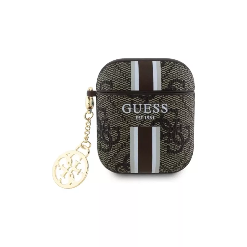 Guess GUA2P4RPSW Capa AirPods 1/2 castanha 4G Gedruckte Streifen Anhänger