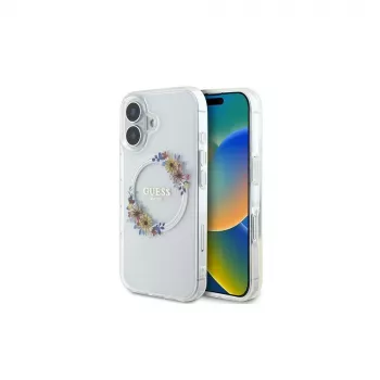 Guess GUHMP16MHFWFCT Capa rígida transparente IML Flowers Wreath MagSafe para iPhone 16 Plus 6,7 polegadas