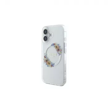 Guess GUHMP16MHFWFCT Capa rígida transparente IML Flowers Wreath MagSafe para iPhone 16 Plus 6,7 polegadas