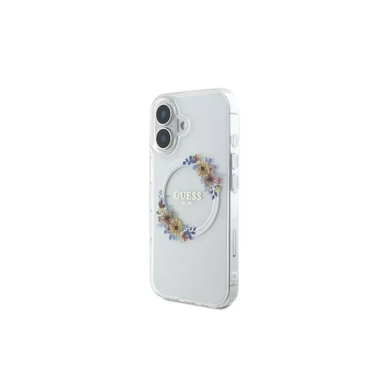 Guess GUHMP16MHFWFCT Capa rígida transparente IML Flowers Wreath MagSafe para iPhone 16 Plus 6,7 polegadas