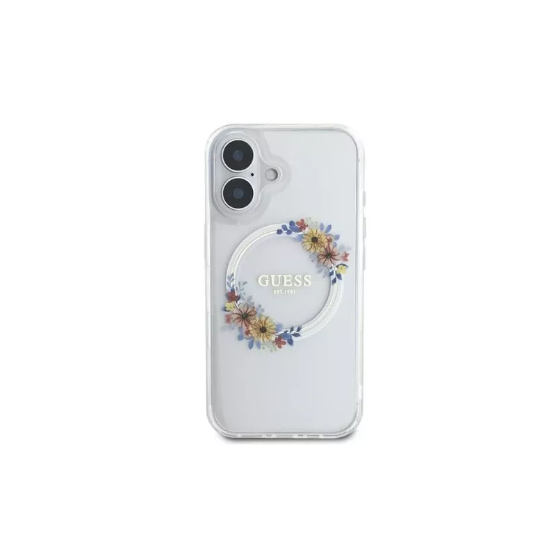 Guess GUHMP16MHFWFCT Capa rígida transparente IML Flowers Wreath MagSafe para iPhone 16 Plus 6,7 polegadas