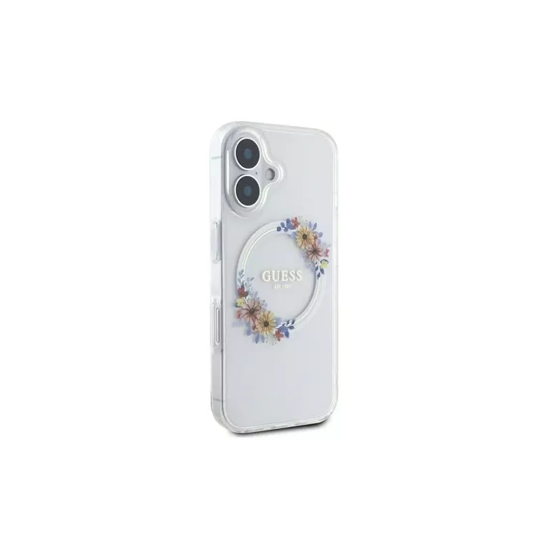 Guess GUHMP16MHFWFCT Capa rígida transparente IML Flowers Wreath MagSafe para iPhone 16 Plus 6,7 polegadas