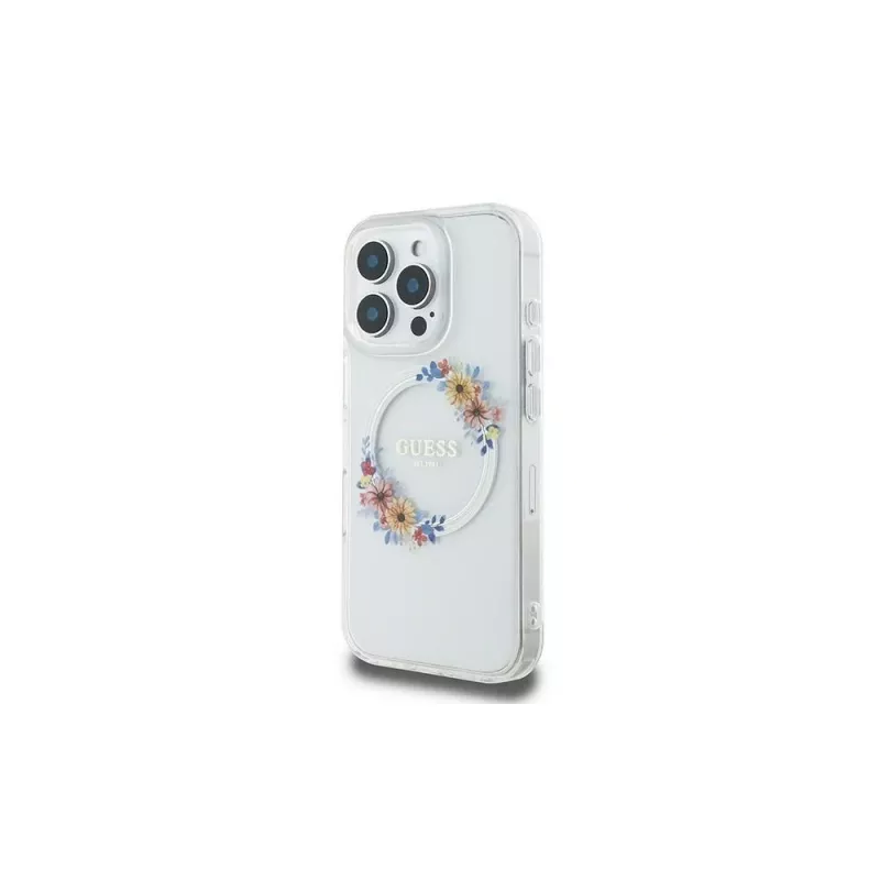 Guess GUHMP16LHFWFCT Capa rígida transparente IML Flowers Wreath MagSafe para iPhone 16 Pro 6,3 polegadas