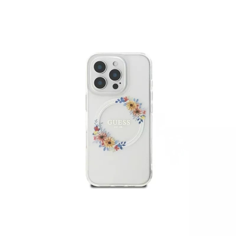 Guess GUHMP16LHFWFCT Capa rígida transparente IML Flowers Wreath MagSafe para iPhone 16 Pro 6,3 polegadas