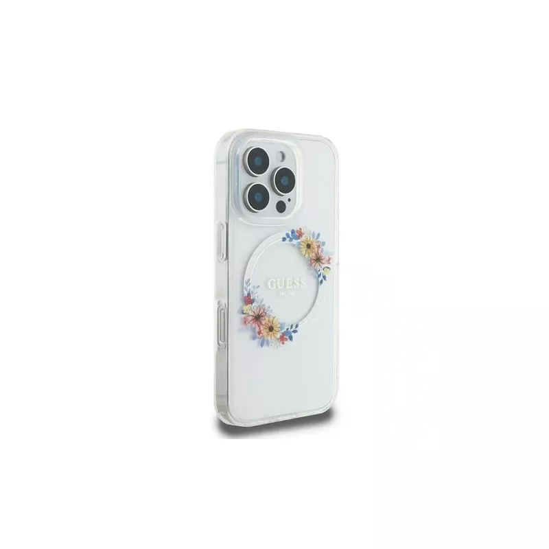 Guess GUHMP16LHFWFCT Capa rígida transparente IML Flowers Wreath MagSafe para iPhone 16 Pro 6,3 polegadas