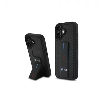 BMW BMHCP16SGSPCCK M Grip Stand Smooth and Carbon Capa Rígida para iPhone 16 6.1 – Preto
