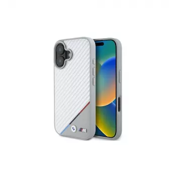 BMW M Carbon Tricolor Line Capa rígida cinzenta MagSafe para iPhone 16 6,1 polegadas