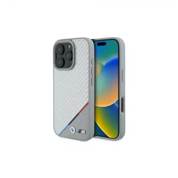 BMW M Carbon Tricolor Line Capa rígida cinzenta MagSafe para iPhone 16 Pro 6,3 polegadas