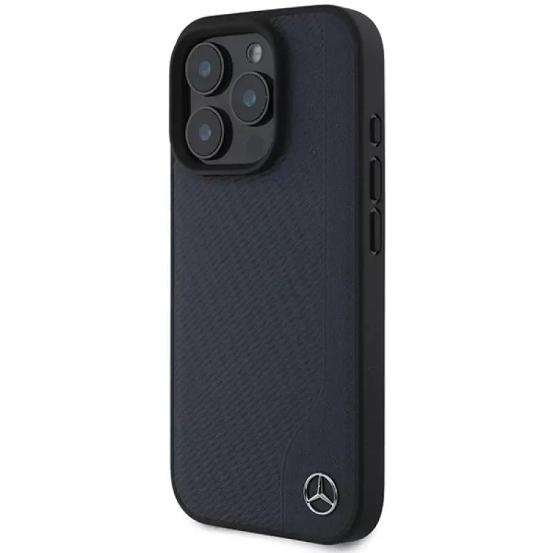 Mercedes-Benz MEHMP16X23RBGVV Capa rígida azul-escura com pele imitação de madeira MB e MagSafe para iPhone 16 Pro Max 6,9 polegadas