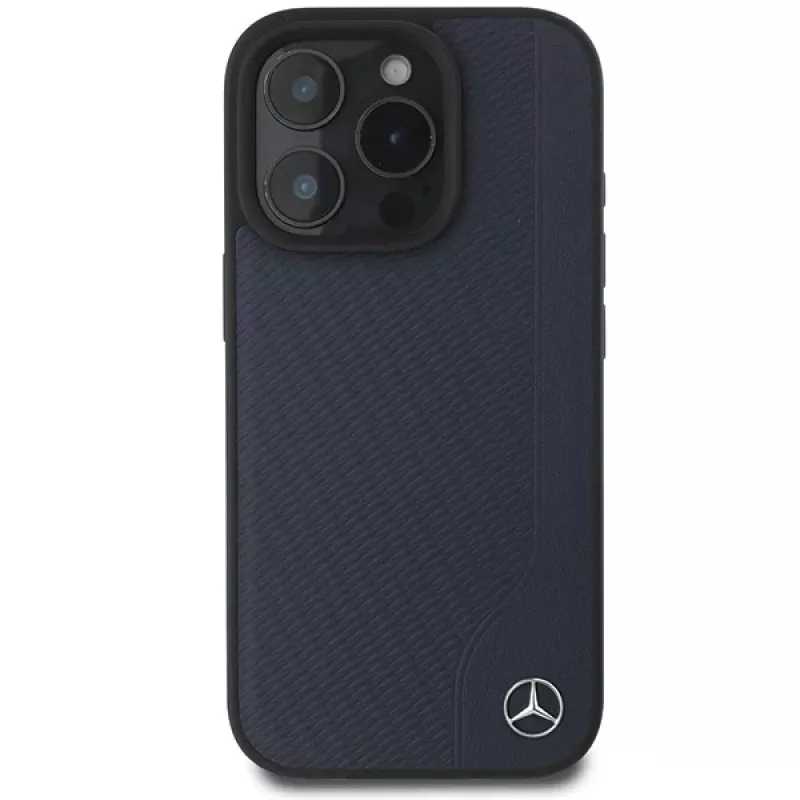 Mercedes-Benz MEHMP16X23RBGVV Capa rígida azul-escura com pele imitação de madeira MB e MagSafe para iPhone 16 Pro Max 6,9 polegadas