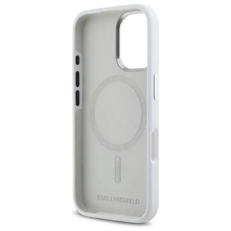 Karl Lagerfeld KLHMP16SSCMKMPCH Capa rígida em silicone branca MagSafe para Apple iPhone 16 6,1 polegadas