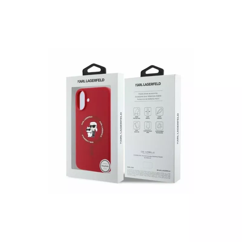 Karl Lagerfeld KLHMP16SSCMKCRHR Capa de silicone para iPhone 16 6,1 polegadas com anel Karl & Choupette e MagSafe vermelha