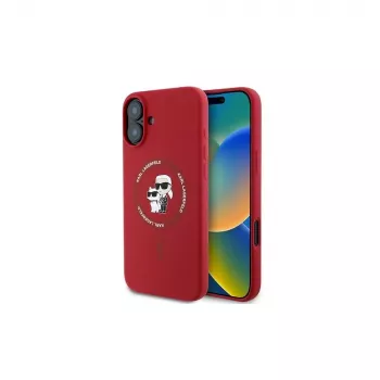 Karl Lagerfeld Capa rígida de silicone para iPhone 16 Plus 6,7 polegadas com anel Karl & Choupette MagSafe - vermelha