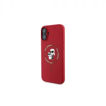 Karl Lagerfeld Capa rígida de silicone para iPhone 16 Plus 6,7 polegadas com anel Karl & Choupette MagSafe - vermelha