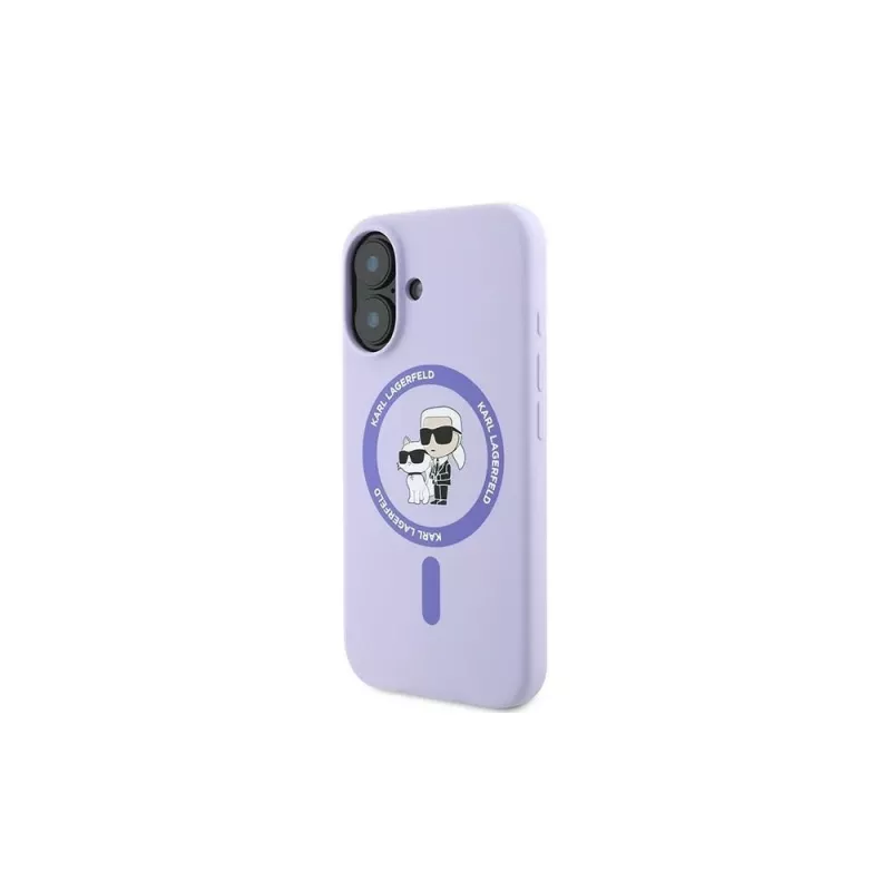 Karl Lagerfeld KLHMP16MSCMKCRHU Capa rígida de silicone MagSafe para iPhone 16 Plus 6,7 polegadas roxa com anel Karl & Choupette