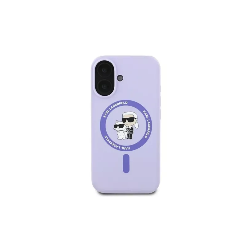 Karl Lagerfeld KLHMP16MSCMKCRHU Capa rígida de silicone MagSafe para iPhone 16 Plus 6,7 polegadas roxa com anel Karl & Choupette