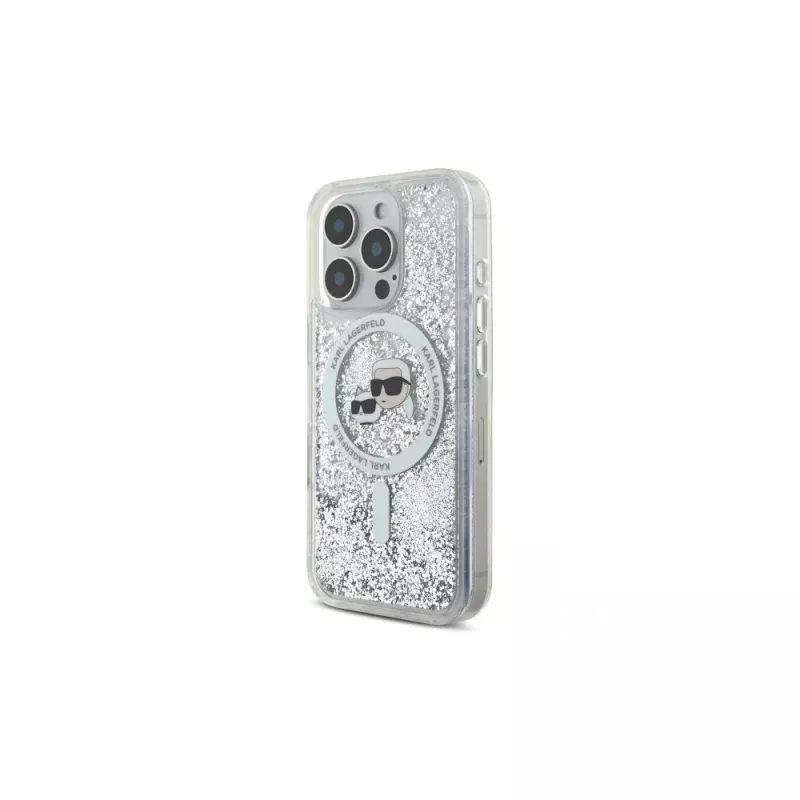 Karl Lagerfeld Capa MagSafe Liquid Glitter Karl & Choupette Head para Apple iPhone 16 Pro