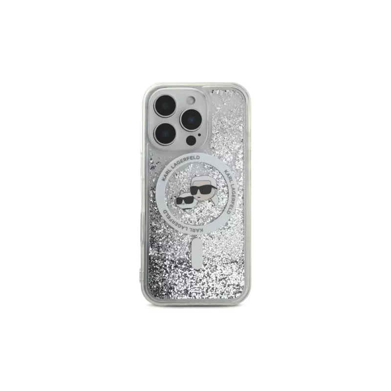 Karl Lagerfeld Capa MagSafe Liquid Glitter Karl & Choupette Head para Apple iPhone 16 Pro