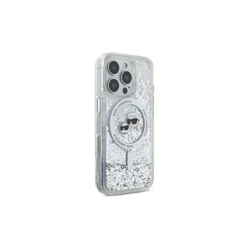 Karl Lagerfeld Capa MagSafe Liquid Glitter Karl & Choupette Head para iPhone 16 Pro Max (transparente)
